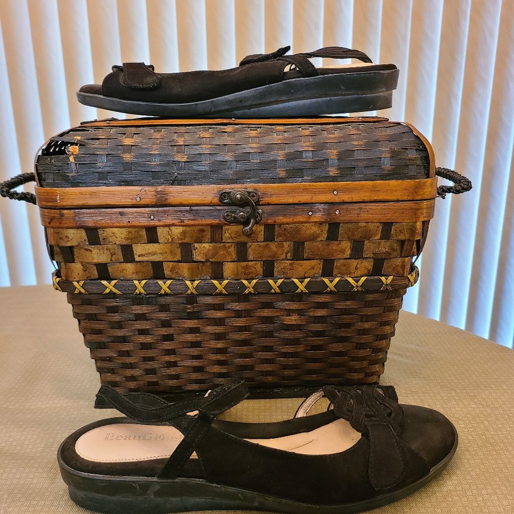 BeautiFeel Sandals Suede Adjustable Low Wedge Black Color Size EU 41/U.S. 9-9.5